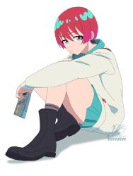 1girl amate_yuzuriha artist_name black_boots boots closed_mouth commentary dated full_body green_eyes green_shirt green_skirt gundam gundam_gquuuuuux holding long_sleeves looking_at_viewer pleated_skirt red_hair ryusho_hashida shirt short_hair simple_background sitting skirt solo sweater white_background white_sweater