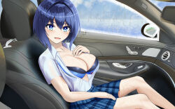bikini bikini_under_clothes blue_eyes blue_hair blue_skirt blush bra bra_peek breasts car_interior cleavage dolphin_wave hand_on_own_chest hand_on_own_crotch highres kirishima_uniform looking_at_viewer open_clothes open_mouth open_shirt pov rain see-through_clothes shirt short_hair skirt swimsuit swimsuit_under_clothes taraba_(redkingtaraba) tojou_michiru underwear wet wet_clothes wet_shirt white_shirt