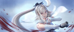 Rule 34 | 1girl, back cutout, belt, black bow, black ribbon, blood, blood on arm, blood on gloves, blood splatter, blood spray, blue sky, bow, cape, closed mouth, clothing cutout, cloud, cloudy sky, color study, commentary, day, drag-on dragoon, drag-on dragoon 3, dress, elbow gloves, english commentary, fingerless gloves, floating cape, floating hair, gloves, hair bow, highres, holding, holding sword, holding weapon, light smile, lips, long hair, looking at viewer, outdoors, red eyes, ribbon, shoulder belt, sky, slashing, solo, standing, stomach cutout, sue keruna, sword, upper body, waist ribbon, weapon, white belt, white cape, white dress, white hair, zero (drag-on dragoon)