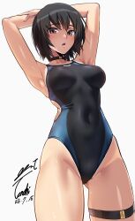 Rule 34 | 1girl, :o, absurdres, amagami, armpits, arms behind head, arms up, belt, belt collar, black belt, black hair, black one-piece swimsuit, blue one-piece swimsuit, blush, breasts, collar, commentary, competition swimsuit, covered navel, cowboy shot, dated, gluteal fold, highleg, highleg one-piece swimsuit, highres, large breasts, looking at viewer, nanasaki ai, one-piece swimsuit, open mouth, purple eyes, short hair, simple background, solo, standing, swimsuit, thigh belt, thigh strap, two-tone one-piece swimsuit, white background, yoo tenchi