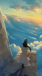 1girl above_clouds absurdres black_hair blue_archive blue_halo blue_sky cloud coat coat_partially_removed commentary_request concrete dawn from_behind gloves gradient_sky halo high_up highres kani_etizen03 long_hair saori_(blue_archive) scenery shirt sky sleeveless sleeveless_shirt solo white_coat yellow_sky