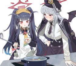 2girls 9nyo apron black_coat black_hair black_hat black_necktie black_wings blue_archive blue_hair blush closed_mouth coat coat_on_shoulders collared_shirt cooking cooking_pot fuuka_(blue_archive) gradient_hair grey_hair halo haruna_(blue_archive) hat headscarf high-waist_skirt highres holding holding_ladle horns ladle long_hair long_sleeves multicolored_hair multiple_girls necktie red_eyes shirt shirt_tucked_in sidelocks simple_background single_wing skirt twintails very_long_hair white_apron white_background white_shirt wings
