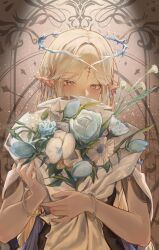 Rule 34 | 1girl, absurdres, black dress, blush, bouquet, cartethyia (wuthering waves), commentary, crown of thorns, dress, earrings, flower, highres, holding, holding bouquet, jewelry, konbunyas, looking at viewer, pointy ears, solo, symbol-only commentary, tabard, tacet mark (wuthering waves), upper body, white tabard, wuthering waves