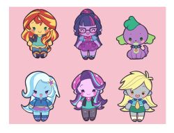 Rule 34 | 5girls, :3, :d, ^ ^, ankle boots, ankle socks, aqua eyes, arms at sides, beanie, black boots, black collar, black jacket, black shoes, blonde hair, blue hair, blue jacket, blue pants, blue shirt, blue skin, blue socks, blunt bangs, blunt ends, boots, border, bow, bowtie, brown eyes, chibi, chibi only, closed eyes, closed mouth, collar, collared jacket, collared shirt, colored skin, derpy hooves, derpy hooves (equestria girls), dog, dress, facing viewer, flipped hair, full body, green dress, green eyes, green shirt, green skirt, grey pants, grey skin, hair behind ear, hair ornament, hat, high ponytail, hood, hood down, hooded jacket, ikirunosindo, jacket, knee boots, kneehighs, long hair, looking at viewer, multicolored hair, multiple girls, my little pony, my little pony: equestria girls, my little pony: friendship is magic, necktie, official alternate costume, official alternate hairstyle, open clothes, open jacket, open mouth, pants, pencil skirt, pink background, pink bow, pink bowtie, pink hat, pink skin, pocket, ponytail, puffy short sleeves, puffy sleeves, purple boots, purple eyes, purple hair, purple skin, purple skirt, red hair, ribbed socks, sci-twi, shirt, shoes, short sleeves, skirt, sleeveless, sleeveless jacket, smile, socks, solid circle eyes, spike (equestria girls), spike (my little pony), spiked collar, spikes, standing, star (symbol), star hair ornament, star print, starlight glimmer, starlight glimmer (equestria girls), straight-on, straight hair, streaked hair, striped clothes, striped shirt, sunset shimmer, sunset shimmer (human), swept bangs, torn clothes, torn pants, trixie lulamoon, trixie lulamoon (equestria girls), twilight sparkle, two-tone hair, very long hair, wavy hair, wavy sidelocks, white border, white hair, white socks, yellow necktie
