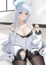 1girl absurdres bare_shoulders black_bra black_pantyhose blue_archive blush bra bra_pull breasts cleavage clothes_pull commentary_request halo high_heels highres indoors jacket large_breasts long_hair looking_at_viewer mechanical_halo noa_(blue_archive) off_shoulder pantyhose pulling_own_clothes purple_eyes ref_(pmxt4483) shirt smile solo underwear very_long_hair white_footwear white_hair white_halo white_jacket white_shirt