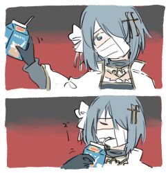 1girl bandage_on_face bandaged_head bandages bendy_straw blue_hair cape carton collared_cape covered_mouth drinking drinking_straw drinking_straw_in_mouth fortissimo hair_ornament holding_carton magical_girl mahou_shoujo_madoka_magica mahou_shoujo_madoka_magica:_walpurgis_no_kaiten miki_sayaka miki_sayaka_(magical_girl) milk milk_carton musical_note musical_note_hair_ornament python_octopus short_hair white_cape