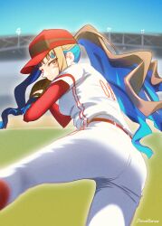 Rule 34 | 1girl, ass, baseball, baseball cap, baseball glove, baseball uniform, black hair, blue hair, breasts, colored inner hair, dantonphanton, fate/grand order, fate (series), hat, highres, long hair, long sleeves, looking at viewer, medium breasts, multicolored hair, pants, pitching, ponytail, red sleeves, shirt, short sleeves, sidelocks, solo, sportswear, tenochtitlan (fate), textless version, white pants, white shirt