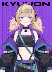 1girl arms_at_sides bare_shoulders belt belt_buckle belt_pouch black_choker black_collar black_jacket black_shirt black_skirt black_sports_bra blonde_hair blue_belt blue_trim breasts buckle character_name chest_harness choker closed_mouth collar collarbone commentary commission crop_top cyberpunk dot_nose english_commentary english_text eyebrows_hidden_by_hair hair_ornament half-closed_eyes harness headphones highleg highleg_panties highres indie_virtual_youtuber jacket katana kyuuon_(vtuber) light_blush long_eyelashes long_hair long_sleeves looking_at_viewer loose_belt low_twintails medium_breasts midriff multicolored_jacket narrowed_eyes navel off_shoulder open_belt panties panty_straps pleated_skirt pouch puffy_long_sleeves puffy_sleeves purple_belt purple_eyes purple_jacket scabbard sheath sheathed shirt shoulder_strap sidelocks skirt sleeveless sleeveless_shirt smile snap-fit_buckle solo sports_bra standing straight-on sword sword_on_back text_background thick_eyelashes too_many too_many_belts tsurime twintails two-sided_fabric two-sided_jacket two-tone_jacket underwear v-shaped_eyebrows vertigris virtual_youtuber weapon weapon_on_back white_background wide_hips