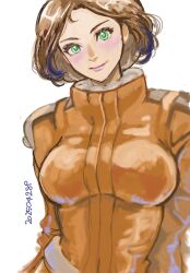 1girl brown_hair cropped_torso emma_sheen green_eyes gundam highres long_hair looking_at_viewer mecha_pilot_suit normal_suit_(gundam) okrdisk2000 simple_background solo upper_body white_background zeta_gundam