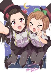 &gt;_&lt; :3 arm_up birthday black_hair black_hat black_pantyhose black_shoes black_skirt blush border bow character_name cityscape crescent_moon dated english_text forehead green_bow hair_bow hair_down hand_on_another&#039;s_shoulder hand_up happy_birthday hat highres hoshizora_rin long_hair looking_at_viewer love_live! love_live!_school_idol_project moon night open_mouth orange_hair outline outside_border pantyhose red_bow red_eyes sen_(sen0910) shirt shoes short_sleeves skirt smile teeth top_hat upper_teeth_only white_border white_outline white_shirt yazawa_nico