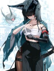 Rule 34 | 1girl, a0lp, animal ear fluff, animal ears, applying bandages, aqua jacket, arm out of sleeve, black hair, black pantyhose, black skirt, braid, breasts, bright pupils, chest sarashi, cleavage, collarbone, commentary, fingernails, fox ears, fox girl, gauntlets, half up braid, high-waist skirt, highres, hoshimi miyabi, jacket, katana, long hair, long skirt, looking down, medium breasts, midriff, mouth hold, no shirt, open clothes, open jacket, pantyhose, red eyes, sarashi, scabbard, sheath, sheathed, shide, side slit, single gauntlet, skirt, sword, symbol-only commentary, tailless (zenless zone zero), weapon, white pupils, zenless zone zero
