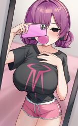 Rule 34 | 1girl, absurdres, black eyes, black shirt, black survival, blank stare, blowing bubbles, breasts, cellphone, chewing gum, covering one eye, cowboy shot, dolphin shorts, double bun, drawstring, empty eyes, eternal return: black survival, hair bun, hand on own chest, hand up, headphones, highres, holding, holding phone, large breasts, long hair, looking at viewer, nia heller, parted bangs, phone, pink shorts, purple hair, shirt, short shorts, short sleeves, shorts, smartphone, solo, ziro (zirorong)