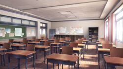 book bookshelf box bulletin_board cabinet calendar_(object) cardboard_box ceiling ceiling_light chalkboard classroom closet clubroom commentary curtains day desk doki_doki_literature_club english_commentary file_cabinet floor game_cg highres indoors no_humans non-web_source official_art open_door paper poster_(object) school school_desk sunlight textbook tile_ceiling tiles velinquent window window_shadow wooden_chair wooden_desk wooden_door wooden_floor
