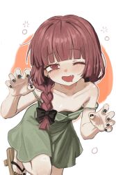 1girl @_@ absurdres black_nails bocchi_the_rock! braid braided_ponytail breasts chromasen dress drunk earrings fang green_dress highres hiroi_kikuri jewelry open_mouth red_eyes red_hair sandals single_off_shoulder small_breasts