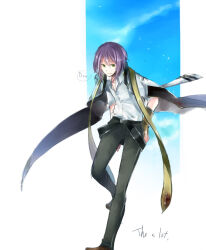 Rule 34 | 1boy, arch bishop (ragnarok online), black pants, blacksmith (ragnarok online), borrowed clothes, brown gloves, closed mouth, coat, coat on shoulders, commentary request, english text, fingerless gloves, full body, gloves, green eyes, leaning forward, looking at viewer, male focus, pants, purple hair, ragnarok online, shirt, short hair, short sleeves, smile, solo, wane (ruki), white shirt