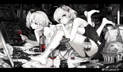 2girls absurdres alcohol bare_shoulders barefoot bow breasts candle chinese_commentary commentary_request cup drinking_glass facial_mark feet feet_up flower forehead_mark full_body greyscale hair_between_eyes hair_bow hair_flower hair_ornament hand_on_own_cheek hand_on_own_face helm helmet highres holding holding_cup indoors knees_up lantern leaning_forward letterboxed looking_at_viewer lying medium_breasts monochrome multiple_girls nail_polish on_floor on_stomach original parted_lips pointy_ears red_eyes red_nails saberiii short_hair side_ponytail sitting soles spot_color the_pose watermark weibo_watermark wine wine_glass