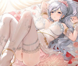 1girl alternate_costume ass bed blue_eyes blush breasts breasts_apart bridal_legwear bride choker cleavage commentary_request commission cross cross_choker cross_earrings dress earrings fire_emblem fire_emblem:_genealogy_of_the_holy_war fire_emblem:_thracia_776 flower frilled_dress frills gold_armlet gold_earrings grey_hair hair_flower hair_ornament haru_(nakajou-28) ishtar_(fire_emblem) jewelry knees_up large_breasts light_blush long_hair looking_at_viewer lying nintendo on_back on_bed open_mouth parted_lips pink_flower pink_rose ponytail purple_eyes rose see-through_clothes solo swept_bangs thighhighs thighs very_long_hair white_dress white_flower white_thighhighs