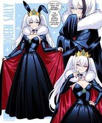 Rule 34 | 1girl, absurdres, alternate costume, animal ear hairband, animal ears, black choker, black cloak, black dress, black hairband, black nails, black sleeves, black streaks, blue background, blue brooch, blue eyeliner, blue eyes, blue gemstone, blush, borrowed character, breasts, bright pupils, brooch, choker, cleavage, cloak, closed mouth, collarbone, commentary, crossed bangs, detached sleeves, deviantart username, double-parted bangs, dress, english commentary, english text, eyeliner, fake animal ears, fur-trimmed cloak, fur trim, gem, gold tiara, hair between eyes, hairband, hand to own mouth, hand up, highres, jewelry, long dress, long hair, looking at viewer, makeup, medium breasts, multicolored eyes, multicolored hair, multiple views, nico-neko, original, parted lips, pink eyes, rabbit ear hairband, rabbit ears, red cloak, sally sinclair, single hair streak, sleeveless, sleeveless dress, sleeves past wrists, smile, sparkle, speech bubble, strapless, strapless dress, streaked hair, twitter username, two-tone background, two-tone cloak, two-tone eyes, two side up, white background, white hair, white pupils