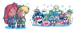 1girl blonde_hair blooper_(mario) blue_dress cameo chain_chomp cheep_cheep chibi commentary crystal dr._wright dress flower goomba green_hat hair_flower hair_ornament hat jewelry kirby kirby_(series) link marin_(zelda) mario_(series) monster multiple_boys nintendo pendant piranha_plant prince_richard_(kaeru_no_tame_ni_kane_wa_naru) princess_peach rariatto_(ganguri) red_hair shy_guy sim_city spiny surprised the_legend_of_zelda the_legend_of_zelda:_link&#039;s_awakening tunic wart_(mario) wiggler yoshi