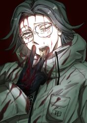 1boy aotsuki_eito black_gloves bleeding blood blood_on_clothes blood_on_face bloody_tears eyelashes glasses gloves grey_hair jacket looking_up male_focus one_eye_closed open_mouth parted_hair red_background simple_background solo solo_focus teeth the_hundred_line_-last_defense_academy- v vomit white_jacket