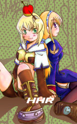 2000s_(style) 2girls apple_on_head arrow_through_apple back-to-back bad_id blonde_hair blue_dress boots brown_boots brown_gloves brown_shirt brown_shorts brown_skirt brown_socks brown_thighhighs closed_mouth commentary_request crop_top cropped_jacket dated_commentary dress elbow_gloves fingerless_gloves foot_out_of_frame garter_straps gloves green_background green_eyes hunter_(ragnarok_online) jacket juliet_sleeves kaisanbutsu long_hair long_sleeves looking_at_viewer midriff miniskirt multiple_girls priest_(ragnarok_online) puffy_sleeves purple_eyes ragnarok_online shirt short_hair short_shorts short_sleeves shorts shorts_under_skirt side_slit sitting skirt smile socks thighhighs white_jacket