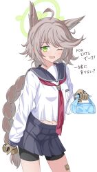 1girl absurdres ahoge animal_ears bike_shorts bike_shorts_under_skirt blue_archive extra_ears fox_ears fox_girl gloves halo highres holding_bento long_braid long_hair navel neckerchief one_eye_closed otogi_(blue_archive) red_neckerchief school_uniform serafuku smile solo white_background white_serafuku youjinbou_(lizardman730)
