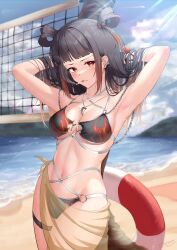 1girl 2_ru absurdres arms_behind_head bare_arms bare_legs bare_shoulders beach bikini black_bikini black_hair blunt_bangs breasts brown_eyes brown_hair chain cigarette cleavage cloud cloudy_sky collarbone commentary commentary_request cowboy_shot criss-cross_halter day gradient_hair hair_rings halterneck highres jewelry large_breasts lifebuoy light_blush light_rays long_hair looking_at_viewer magia_record:_mahou_shoujo_madoka_magica_gaiden mahou_shoujo_madoka_magica multicolored_hair navel necklace o-ring o-ring_bikini ooba_juri outdoors sand sarong side-tie_bikini_bottom signature sky smoking solo stomach sunlight swim_ring swimsuit thigh_strap thighs three_quarter_view volleyball_net