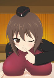 1boy 1girl bad_id bad_pixiv_id blush breasts brown_eyes brown_hair cum cum_on_body cum_on_breasts cum_on_upper_body girls_und_panzer hetero implied_paizuri kuromorimine_military_uniform large_breasts looking_at_viewer nishizumi_maho nyuumura_asa one_eye_closed paizuri paizuri_under_clothes pov