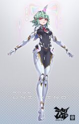 Rule 34 | 1girl, absurdres, android, breasts, character request, commentary request, copyright request, full body, glowing, glowing eyes, green hair, highres, horns, joints, korean commentary, looking at viewer, mar10, mechanical hair, medium breasts, plantar flexion, red eyes, robot joints, short hair, single horn, solo