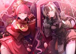 1girl absurdres bare_shoulders black_dress black_hair black_hat blush breasts cowboy_shot dress hat heterochromia highres hinoki_kahun0 holding hololive houshou_marine houshou_marine_(gothic_lolita) juufuutei_raden large_breasts multicolored_hair parted_lips red_dress red_eyes red_hair top_hat twintails two-tone_hair virtual_youtuber white_hair yellow_eyes