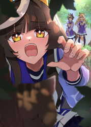 3girls absurdres ahoge animal_ears back_bow believe_(umamusume) black_hair blonde_hair blurry blurry_background blurry_foreground bow bowtie calstone_light_o_(umamusume) cat commentary_request depth_of_field durandal_(umamusume) ear_covers grey_eyes hands_on_own_hips heart heart-shaped_pupils highres horse_ears horse_girl horse_tail long_hair long_sleeves looking_at_viewer multiple_girls naegi_happy open_mouth orange_eyes outdoors outstretched_hand pleated_skirt purple_sailor_collar purple_shirt purple_skirt purple_thighhighs reaching reaching_towards_viewer sailor_collar school_uniform shirt short_hair sidelocks single_ear_cover skirt symbol-shaped_pupils tail thighhighs tracen_school_uniform umamusume white_bow white_bowtie winter_uniform