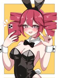 1girl @_@ black_bow black_bowtie blush bow bowtie breasts commentary_request cuffs drill_hair highres holding holding_phone kasane_teto leotard looking_to_the_side medium_breasts napo_milix_oo open_mouth phone playboy_bunny red_eyes red_hair red_nails simple_background smile solo twin_drills two-tone_background utau v wavy_mouth white_background wrist_cuffs yellow_background