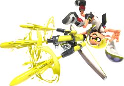 Rule 34 | 1girl, 3d, bare arms, bike shorts, blonde hair, boots, braid, dynamic pose, eye mask, eyebrow cut, firing, full body, gradient hair, grey boots, highres, holding, holding weapon, ink tank (splatoon), inkling, inkling girl, inkling player character, long hair, long pointy ears, looking ahead, midair, multicolored hair, nintendo, official art, open mouth, pointy ears, shirt, short eyebrows, short hair with long locks, side braid, sidelocks, smile, solo, splatoon (series), splatoon 3, spotted hair, t-shirt, tentacle hair, thick eyebrows, torn clothes, transparent background, tri-stringer (splatoon), two-tone hair, upside-down, v-shaped eyebrows, veronika (splatoon), weapon, white shirt, yellow eyes