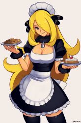 1girl absurdres apron artist_name black_thighhighs black_wrist_cuffs blonde_hair breasts cleavage commentary cynthia_(pokemon) dress english_commentary food frilled_apron frilled_dress frilled_sleeves frills hair_ornament hair_over_one_eye highres holding holding_plate large_breasts long_hair looking_at_viewer maid maid_apron maid_headdress nintendo plate pokemon pokemon_dppt puffy_short_sleeves puffy_sleeves short_sleeves smgold smile solo thighhighs very_long_hair wrist_cuffs