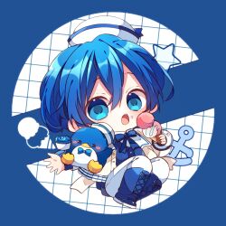 Rule 34 | 1boy, :o, blue boots, blue border, blue bow, blue bowtie, blue eyes, blue hat, blue shirt, blush, boots, border, bow, bowtie, cardigan, chibi, chibi only, commentary request, crumbs, double-parted bangs, food, full body, grid background, hair between eyes, hat, holding, holding food, holding ice cream, ice cream, kaho 0102, kaito (vocaloid), knee boots, lace-up boots, long sleeves, looking at viewer, male focus, multiple scoops, open cardigan, open clothes, open mouth, pants, round border, sanrio, shirt, short hair, solo, star (symbol), tuxedo sam, vocaloid, white background, white cardigan, white hat, white pants