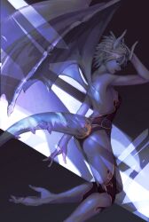 1girl ass backless_leotard blue_skin breasts colored_skin commentary_request demon_girl demon_horns demon_tail demon_wings highres horns leotard medium_breasts mugen_no_sudadokei original purple_lips red_eyes short_hair slit_pupils solo strapless strapless_leotard tail tongue tongue_out white_hair wings