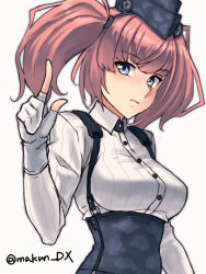 1girl anchor_hair_ornament atlanta_(kancolle) black_hat blush breasts brown_hair dress_shirt earrings garrison_cap gloves grey_eyes hair_ornament hat high-waist_skirt highres jewelry kantai_collection large_breasts long_hair long_sleeves maakun_(makun_dx) partially_fingerless_gloves shirt single_earring skirt solo star_(symbol) star_earrings suspender_skirt suspenders twitter_username two_side_up upper_body white_background white_shirt