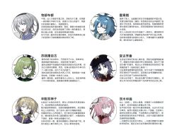 6+girls :o annoyed black_dress black_eyes black_hat black_ribbon blonde_hair blue_hair blue_kimono bow-shaped_hair brooch bun_cover character_profile chinese_clothes chinese_commentary chinese_hairpin chinese_text closed_mouth collared_shirt commentary_request dot_nose double_bun dress empty_eyes expressionless flower flower_brooch green_hair grey_hair hair_between_eyes hair_bun hair_ears hair_ribbon hand_on_own_cheek hand_on_own_face happy hat hat_ribbon head_tilt headphones high_collar highres holding holding_rod ibaraki_kasen japanese_clothes jewelry kaku_seiga kariginu kimono long_hair long_sleeves miyako_yoshika mononobe_no_futo multiple_girls ofuda ofuda_on_clothes one_eye_closed open_mouth peaked_cap pink_flower pink_hair pink_rose ponytail purple_hair purple_kimono red_ribbon red_shirt red_vest ribbon ribbon-trimmed_sleeves ribbon_trim rod rose shirt short_hair simple_background sleeves_past_fingers sleeves_past_wrists soga_no_tojiko star_(symbol) star_print tangzhuang tate_eboshi touhou toyosatomimi_no_miko translation_request turtleneck turtleneck_dress upper_body v-shaped_eyebrows vest white_background white_shirt wide_sleeves xingxunyou