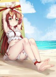 Rule 34 | 1girl, absurdres, arknights, armpits, arms up, barefoot, beach, bikini, bikini skirt, blue sky, bound, breasts, cloud, commentary, commission, day, earrings, eyewear on head, feet, flower, frilled bikini, frills, green eyes, hair flower, hair ornament, heart, heart-shaped eyewear, heart earrings, highres, jewelry, long hair, medium breasts, myrtle (arknights), myrtle (summer flowers) (arknights), navel, ocean, official alternate costume, pointy ears, restrained, sky, soles, solo, stomach, sunglasses, swimsuit, tetsuffy (tetsulul), toes, white bikini