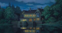 chimney cloud cloudy_sky commentary english_commentary grass highres house mixed-language_commentary night night_sky nishikawa_youichi no_humans official_art omoide_no_marnie outdoors reflection scenery sky star_(sky) tree water