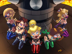 5girls angry arms_behind_back ball_gag bdsm blonde_hair blue_eyes blush bondage bound breasts brown_hair captured castle chain chained cleavage gag imminent_rape lava mario_(series) multiple_girls new_super_mario_bros._u_deluxe one_eye_closed pauline_(mario) peachette princess princess_daisy princess_peach rape_dungeon rosalina shaxbert signature super_mario_bros._1 super_mario_galaxy super_mario_land super_mario_odyssey take_your_pick wink