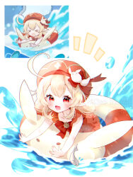 1girl :d absurdres ahoge alternate_costume blonde_hair blush collarbone commentary_request dodoco_(genshin_impact) genshin_impact hair_between_eyes hat highres innertube kise_inaka klee_(genshin_impact) newsboy_cap notice_lines one-piece_swimsuit open_mouth pointy_ears red_eyes red_hat red_one-piece_swimsuit reference_inset smile solo swim_ring swimsuit water