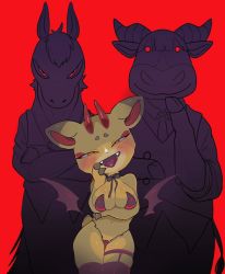1girl 2boys animal_crossing animal_ears bat_wings blunt_bangs bow bowtie breasts crossed_arms demon_girl fangs furry furry_female goat goat_horns highres hooves horns horse large_breasts low_wings multiple_boys navel necktie nintendo red_background red_eyes rodeo_(animal_crossing) roscoe_(animal_crossing) saamon_1010 shino_(animal_crossing) squinting thighhighs vest wings