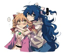 ... ? bags_under_eyes bangle blonde_hair blue_bow blue_eyes blue_hair blue_skirt blush bow bracelet coat commentary dress drill_hair earrings grey_hoodie hair_bow hood hoodie hug jewelry long_hair long_sleeves necklace purple_coat re_ghotion red_bow siblings simple_background sisters skirt touhou upper_body very_long_hair white_background white_dress yellow_eyes yorigami_jo&#039;on yorigami_shion