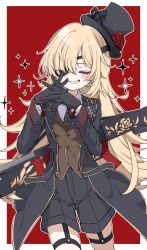 1girl absurdres black_coat black_gloves black_hat black_necktie black_shorts blonde_hair blush border brown_vest closed_eyes coat commentary_request cowboy_shot eyepatch flower garter_straps gloves goddess_of_victory:_nikke gold_trim grin guillotine_(dark_tracer)_(nikke) guillotine_(nikke) hat hat_flower highres holding_behind_back holding_weapon_behind_back long_hair necktie own_hands_together red_background red_flower red_rose rose shirt shorts smile solo sparkle teeth tu_pa_pa_pa vest weapon weapon_on_back white_border white_shirt