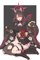 Rule 34 | 1girl, absurdres, animal ear fluff, animal ears, black boots, black flower, black gloves, black hair, black kimono, black thighhighs, blue archive, blush, boots, bow, colored inner hair, fangs, fingerless gloves, floral print, floral print kimono, flower, fox ears, fox girl, fox tail, gloves, grey sailor collar, hair between eyes, hair flower, hair ornament, highres, japanese clothes, kimono, kurowanjjyang, long hair, looking at viewer, multicolored hair, no panties, obi, open mouth, print kimono, purple sash, red bow, red hair, sailor collar, sash, single thighhigh, sitting, solo, tail, tail bow, tail ornament, thigh strap, thighhighs, torn clothes, torn thighhighs, two-tone hair, wakamo (blue archive), wide sleeves, yellow bow, yellow eyes