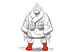 Rule 34 | 1boy, bathrobe, boots, clenched hands, highres, kinnikuman, kinnikuman (character), lips, mask, partially colored, red boots, simple background, solo, sushio, sweat, wet, white background