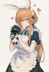 1girl 1other alternate_costume amiya_(arknights) animal_ears apron arknights black_coat black_dress blue_bow blue_bowtie blue_eyes bow bowtie brown_hair coat collared_dress doctor_(arknights) dress enmaided extra_ears grey_background heart highres holding holding_mini_person hood hood_up hooded_coat infection_monitor_(arknights) jewelry long_hair low_ponytail maid maid_apron maid_headdress mini_person multiple_rings openvl ponytail puffy_short_sleeves puffy_sleeves rabbit_ears rabbit_girl ring short_sleeves sidelocks simple_background smile white_apron white_background