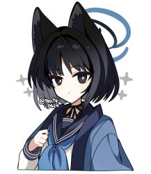 1girl absurdres animal_ear_fluff animal_ears black_choker black_eyes black_hair black_sailor_collar blue_archive blue_halo blue_jacket blue_neckerchief bright_pupils cat_ears choker closed_mouth commentary cropped_torso halo highres jacket kikyou_(blue_archive) long_sleeves looking_at_viewer neckerchief open_clothes open_jacket ribbon_choker sailor_collar shirocha_tei shirt short_hair simple_background solo twitter_username white_background white_pupils white_shirt