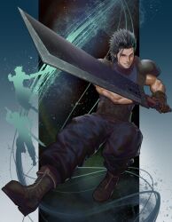 Rule 34 | 3boys, absurdres, angeal hewley, artistntraining, baggy pants, black hair, blue eyes, blue pants, blue sweater, boots, brown gloves, buster sword, cloud strife, commentary, crisis core final fantasy vii, english commentary, fighting stance, final fantasy, final fantasy vii, full body, gloves, grin, highres, holding, holding sword, holding weapon, lifestream, light particles, looking at viewer, male focus, multiple boys, pants, short hair, sleeveless, sleeveless turtleneck, smile, solo focus, spiked hair, suspenders, sweater, sword, turtleneck, turtleneck sweater, weapon, zack fair
